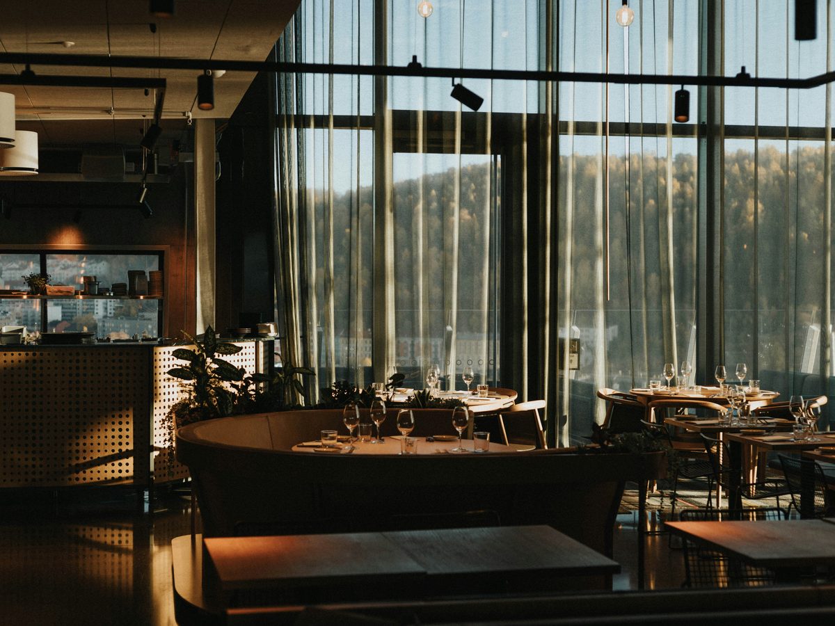 Restaurant dining room at golden hour